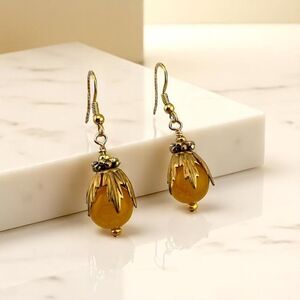 Natural Yellow Jade Earrings Gold Plated Ear Wires 2" Drop